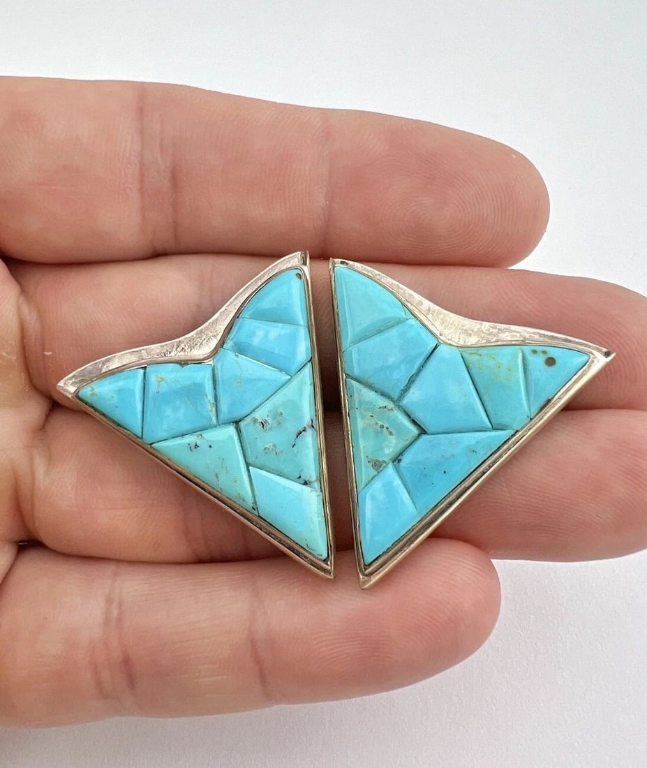 UNUSUAL VTG NAVAJO STERLING SILVER COBBLESTONE TURQUOISE SLAB COLLAR TIPS -19.2G (1 of 2)