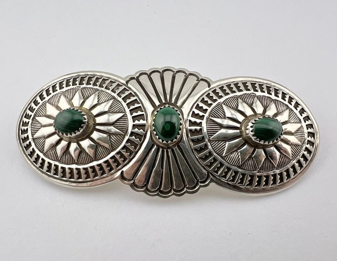 VTG NAVAJO STERLING SILVER NATURAL GREEN MALACHITE STAMPED HAIR BARRETTE 3.5" (1 of 2)