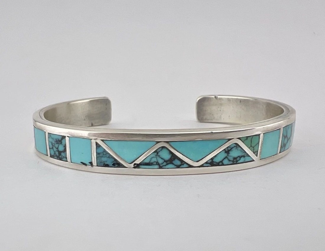 ANITA BANTEAH ZUNI STERLING SILVER NATURAL TURQUOISE FLUSH INLAY CUFF BRACELET (1 of 2)