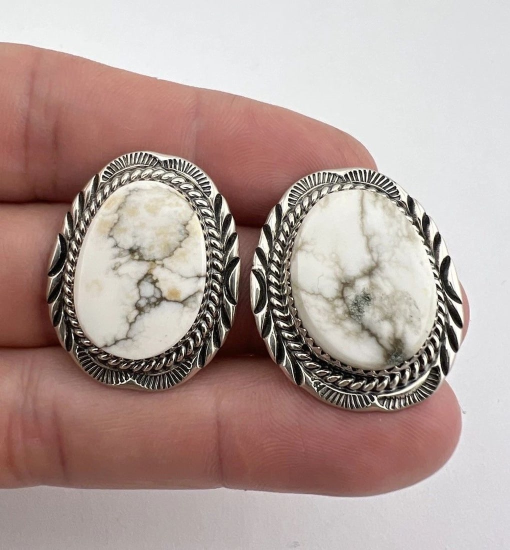 VTG WILL DENETDALE NAVAJO STERLING SILVER WHITE BUFFALO TURQUOISE POST EARRINGS: VTG WILL DENETDALE NAVAJO STERLING SILVER WHITE BUFFALO TURQUOISE POST EARRINGS Vtg Will Denetdale Navajo Sterling Silver White Buffalo Turquoise Post Earrings Size: Just Under 1 1/4" Tall & 1" Wide W