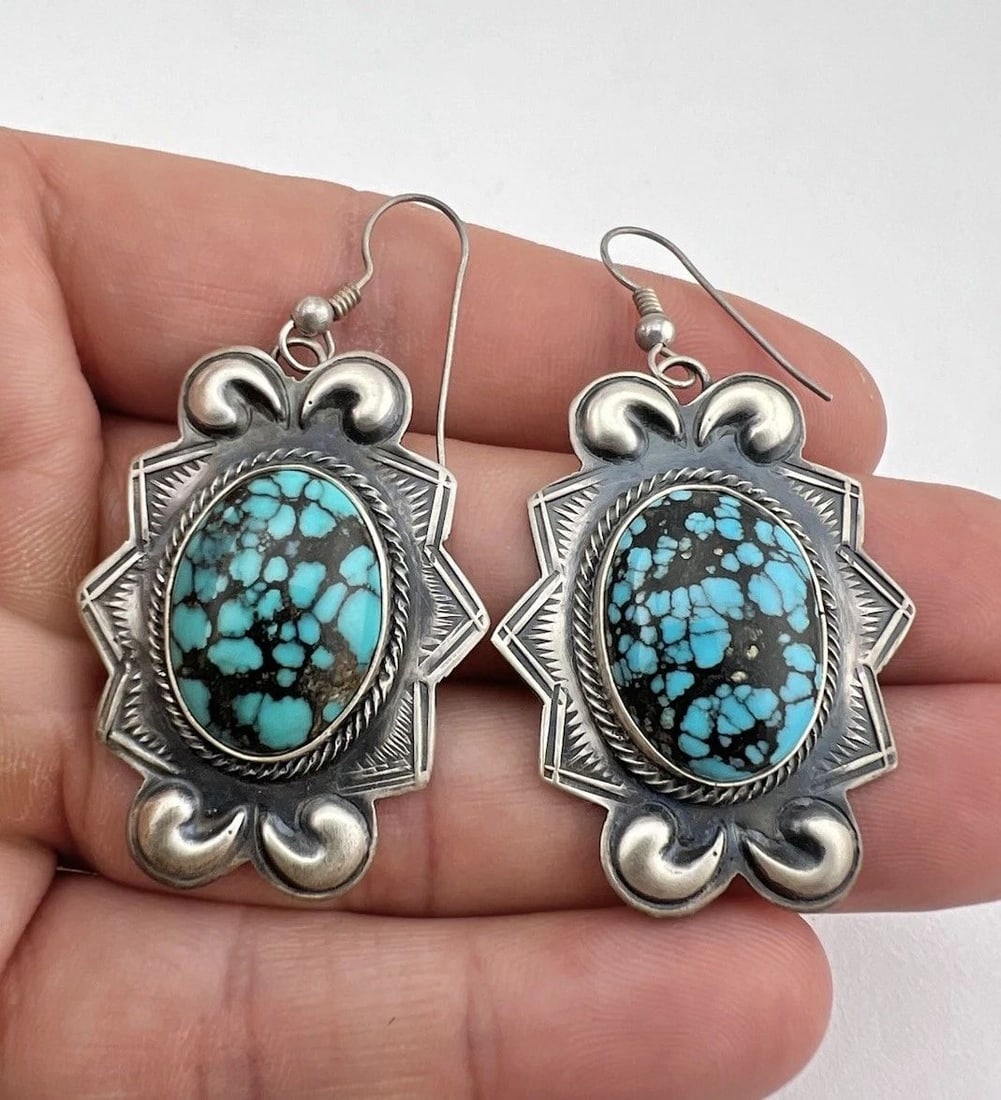 VTG PJ BEGAY NAVAJO STERLING SILVER KINGMAN TURQUOISE DANGLE HOOK POST EARRINGS: VTG PJ BEGAY NAVAJO STERLING SILVER KINGMAN TURQUOISE DANGLE HOOK POST EARRINGS Vtg PJ Begay Navajo Sterling Silver Kingman Turquoise Dangle Hook Post Earrings Size: 2 1/4" Tall & Almost 1 1/4" Wide W
