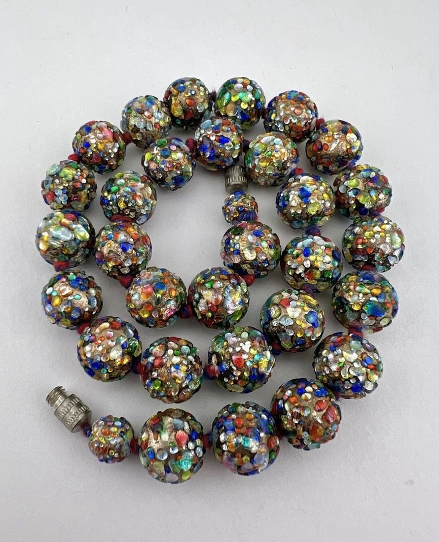 VTG ITALY VENETIAN MURANO CONFETTI WEDDING CAKE SPECKLE ART GLASS BEAD NECKLACE (1 of 2)
