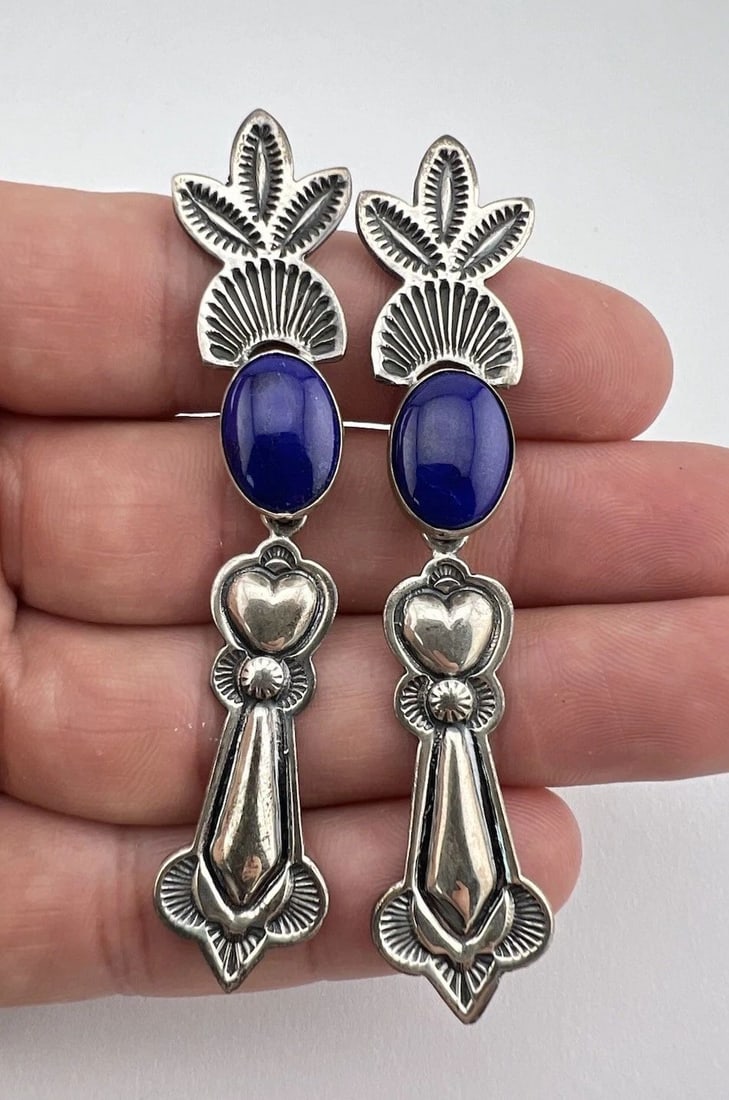 VTG NAVAJO STERLING SILVER LAPIS LAZULI DEEP STAMPED LONG DANGLE EARRINGS 3": VTG NAVAJO STERLING SILVER LAPIS LAZULI DEEP STAMPED LONG DANGLE EARRINGS 3" Vtg Navajo Sterling Silver Lapis Lazuli Deep Stamped Long Dangle Earrings 3" Size: 3" Tall With Dangle & 5/8" Wide at the B