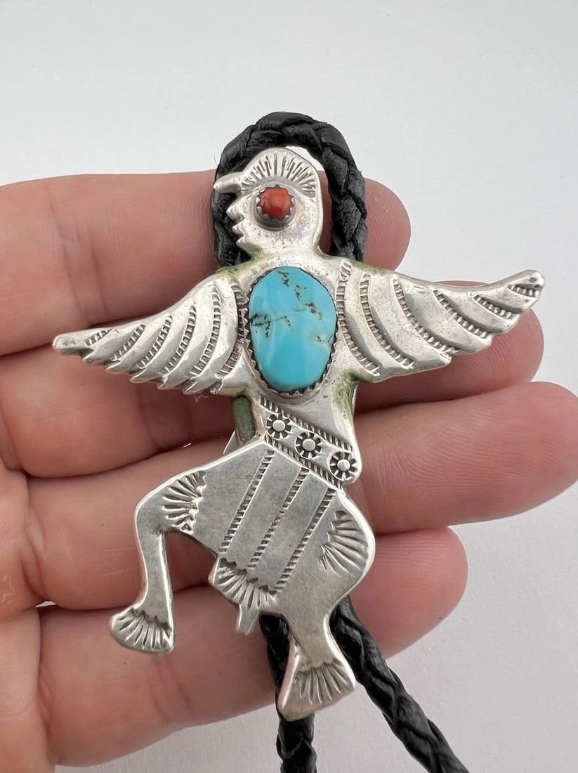 VTG NAVAJO SANDCAST STERLING SILVER TURQUOISE CORAL KACHINA DANCER BOLO TIE 2.5": VTG NAVAJO SANDCAST STERLING SILVER TURQUOISE CORAL KACHINA DANCER BOLO TIE 2.5" Vtg Navajo Sandcast Sterling Silver Turquoise Coral Kachina Dancer Bolo Tie 2.5" Size: Slightly Over 2 1/2" Tall by 2 1