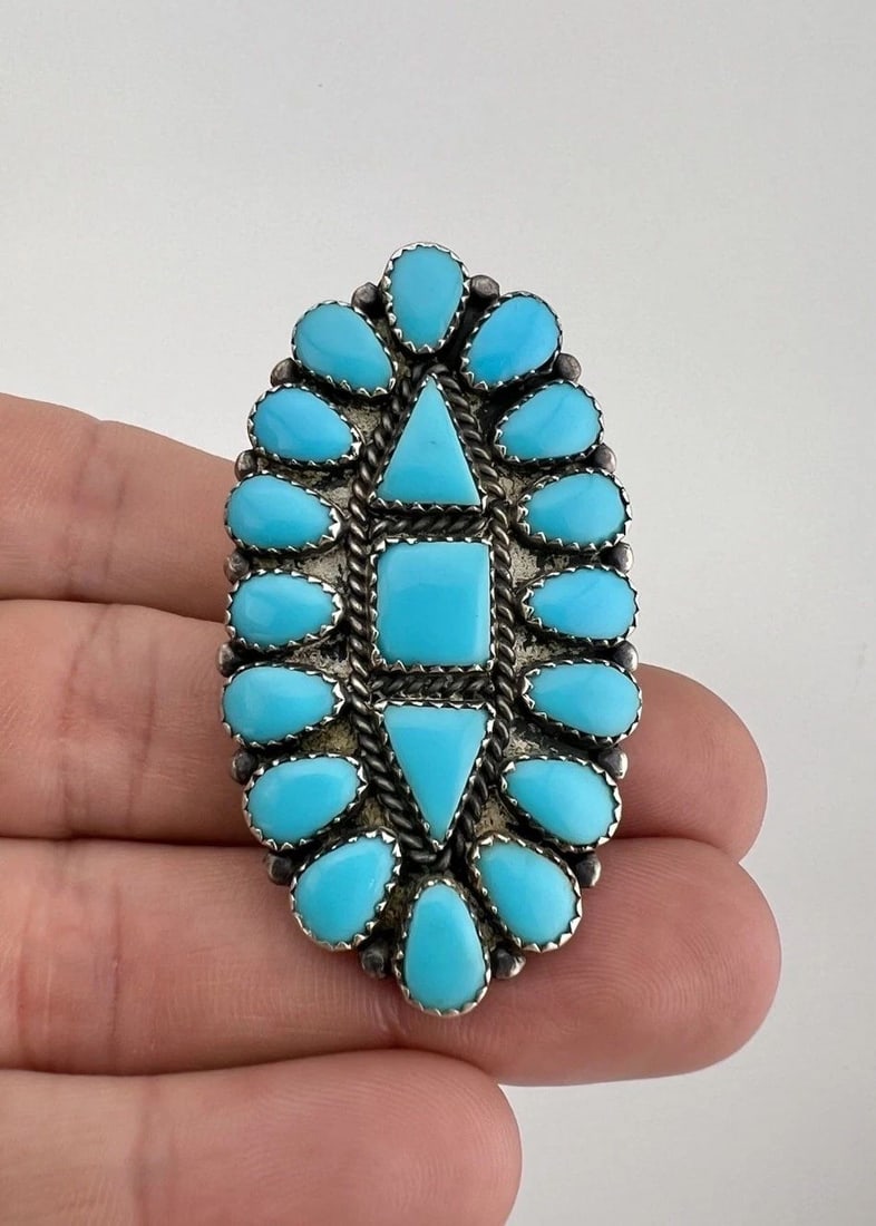 HUGE 2.25" VTG NAVAJO STERLING SILVER PETIT POINT TURQUOISE CLUSTER WOMEN'S RING (1 of 2)