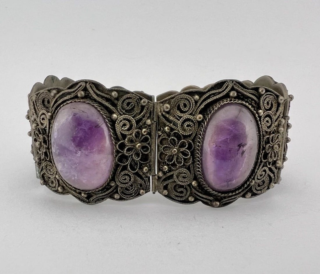 ANTIQUE CHINESE EXPORT SILVER AMETHYST FLORAL PANEL FILIGREE LINK BRACELET 47.3G (1 of 2)
