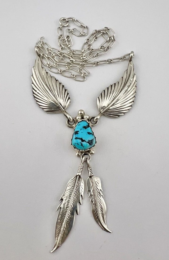 NAVAJO STERLING SILVER SLEEPING BEAUTY TURQUOISE FEATHER COLLAR DANGLE NECKLACE (1 of 2)