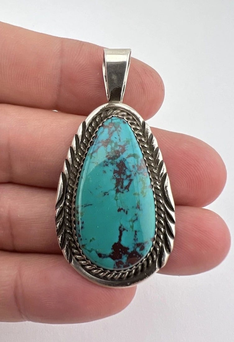 VTG WILL DENETDALE NAVAJO STERLING SILVER KINGMAN TURQUOISE STAMPED PENDANT 2" (1 of 2)