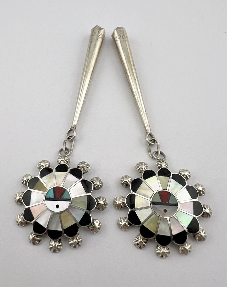 VTG NAVAJO / ZUNI STERLING SILVER MULTI GEMSTONE SUNFACE BOLO TIE TIPS 3 1/8" (1 of 2)