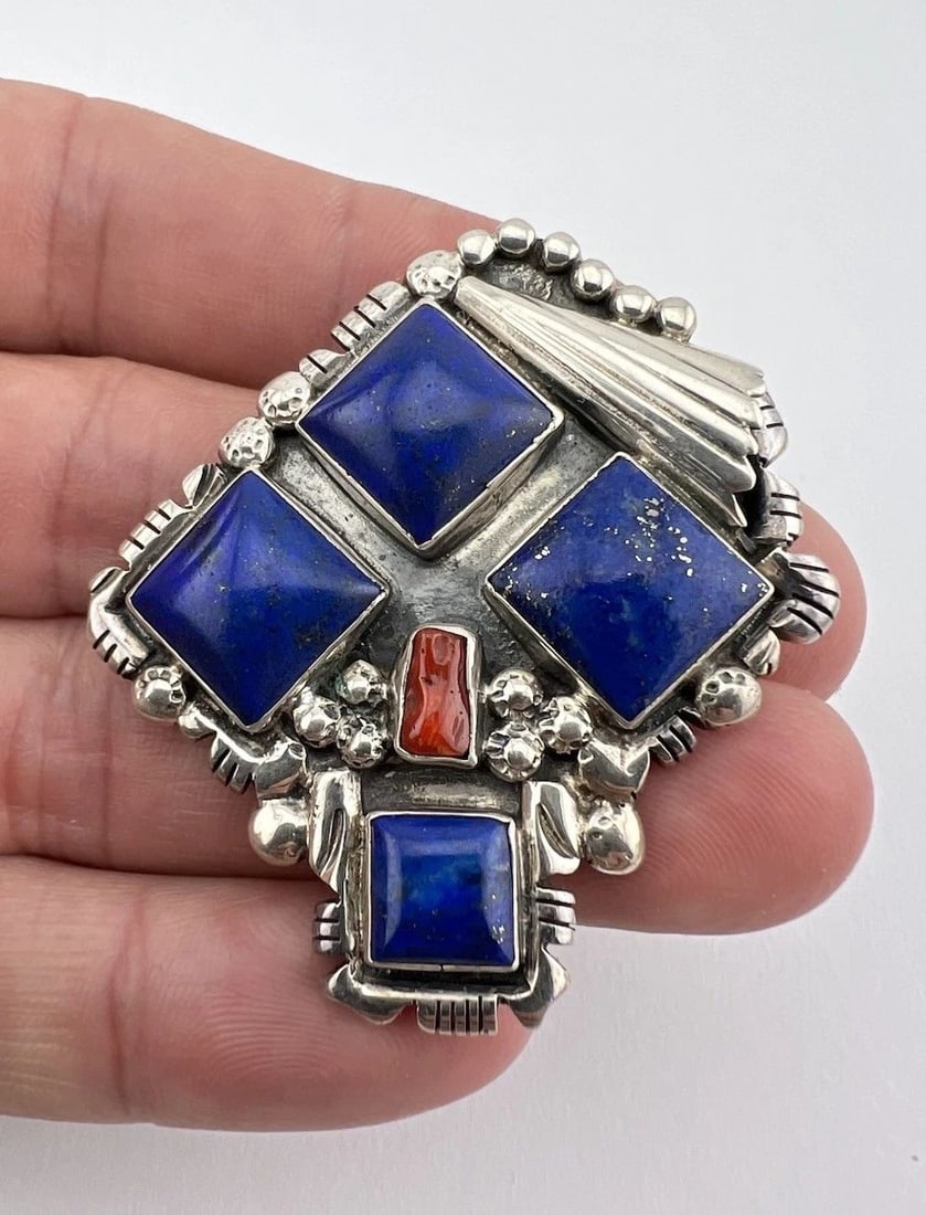 VTG NAVAJO STERLING SILVER LAPIS LAZULI & RED CORAL UNUSUAL HOOK PENDANT 2" (1 of 2)