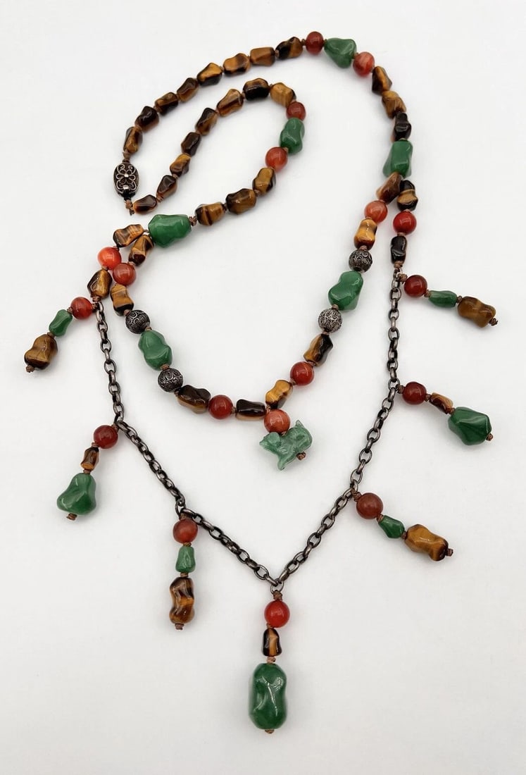 ANTIQUE OLD CHINESE SILVER FILIGREE CARVED JADE TIGERS EYE CARNELIAN NECKLACE: ANTIQUE OLD CHINESE SILVER FILIGREE CARVED JADE TIGERS EYE CARNELIAN NECKLACE Antique Old Chinese Silver Filigree Carved Jade Tigers Eye Carnelian Necklace Size: 26.5" long Necklace is A Double Strand