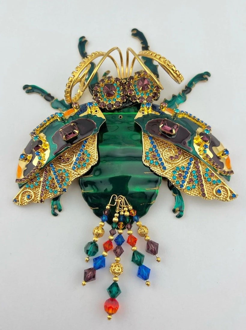 MASSIVE 7.5" LUNCH AT THE RITZ BEETLE BIJOUX ENAMEL CRYSTAL BUG BROOCH PENDANT (1 of 2)
