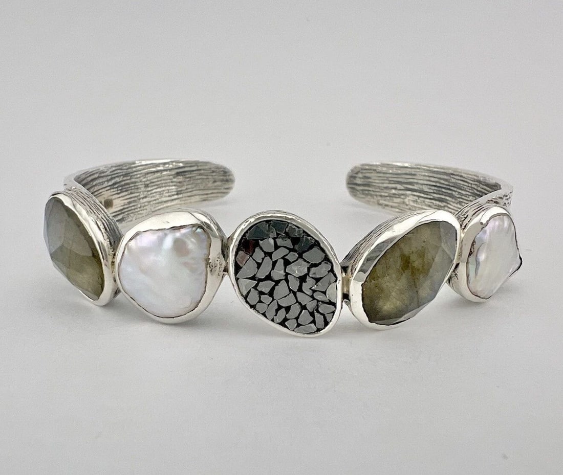 SAMUEL B BENHAM STERLING SILVER LABRADORITE & PEARL & HEMATITE CUFF BRACELET (1 of 2)