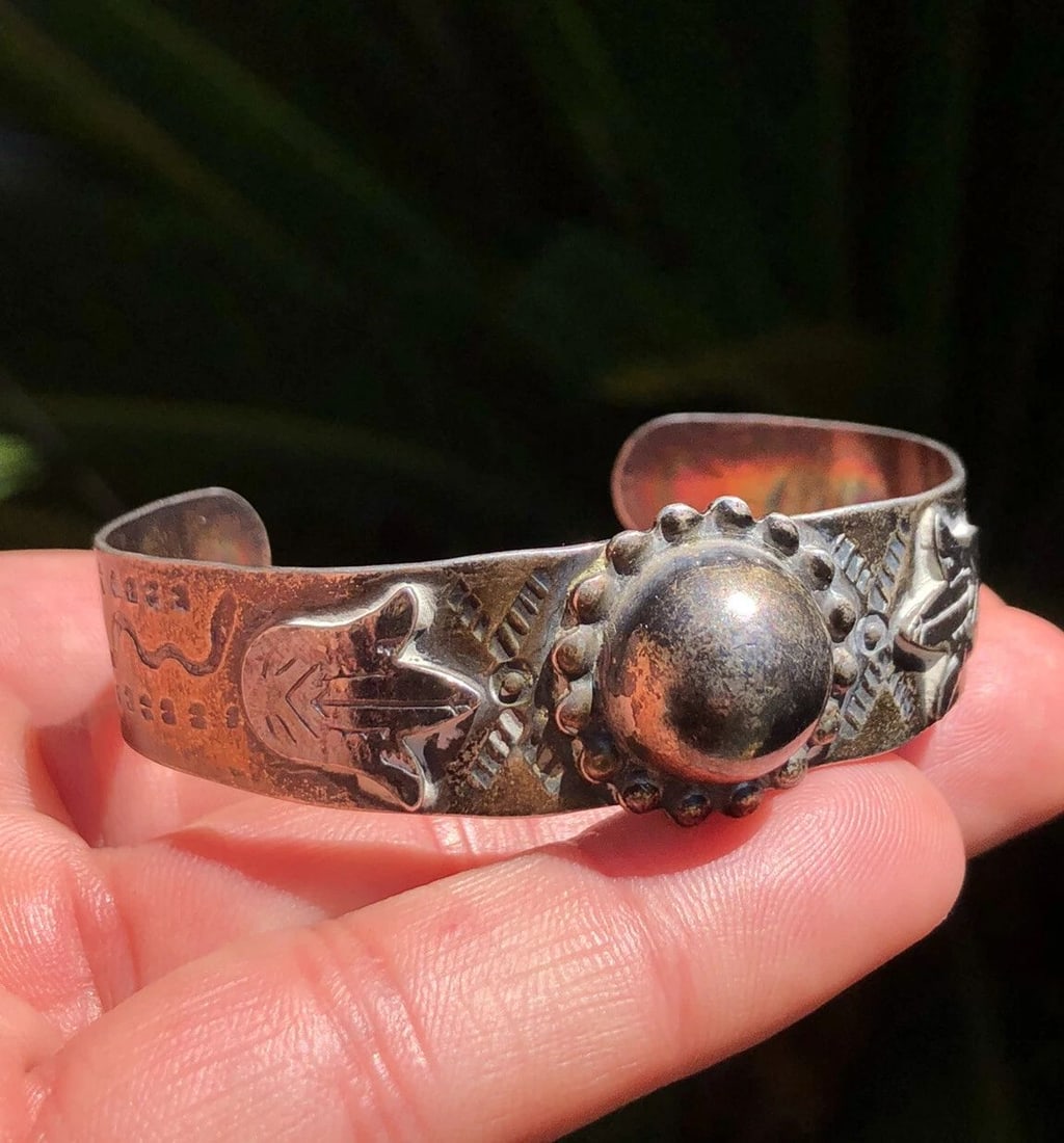 VTG PAWN FRED HARVEY ERA NAVAJO STERLING SILVER STAMPED INGOT BALL CUFF BRACELET (1 of 2)