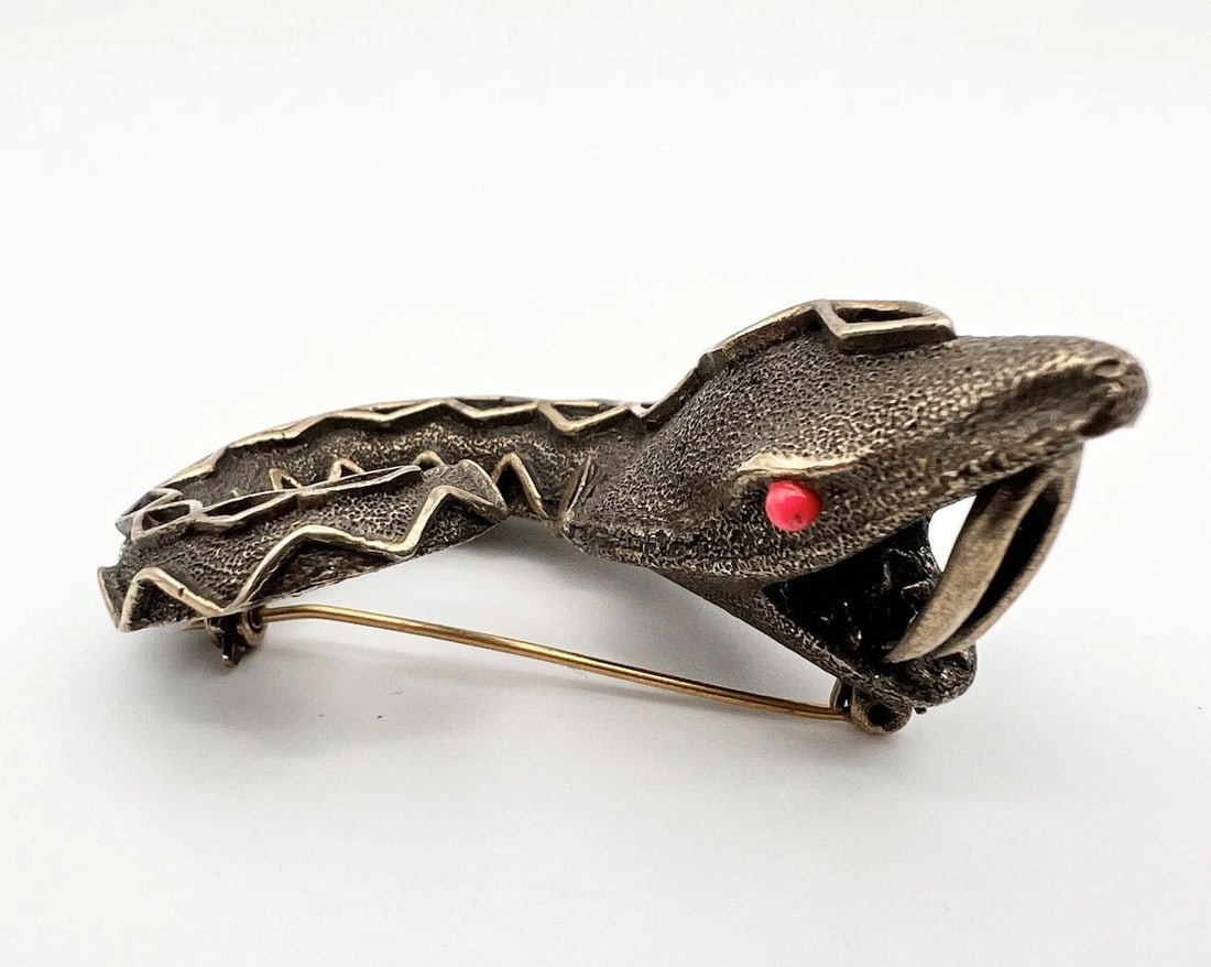 RARE VINTAGE HOBE CORAL RHINESTONES SNAKE SERPENT PIN BROOCH 2.5" (1 of 2)
