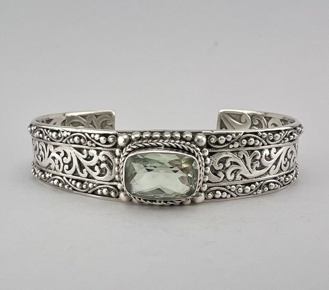SARDA STERLING SILVER GREEN AMETHYST FILIGREE FLORAL CUFF BRACELET (1 of 2)