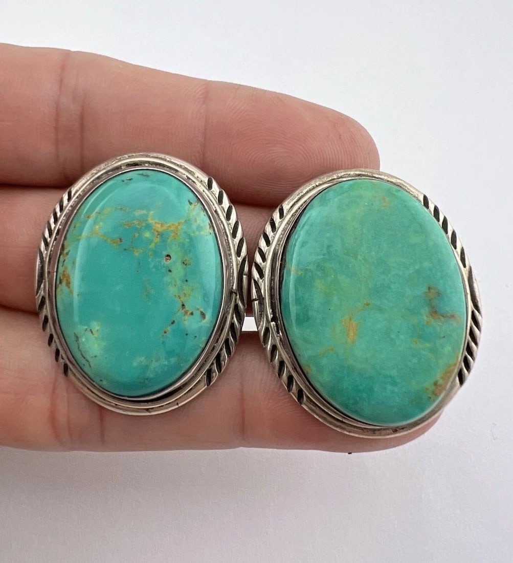 VTG TIM GUERRO NAVAJO STERLING SILVER ROYSTON TURQUOISE STAMPED CLIP EARRINGS: VTG TIM GUERRO NAVAJO STERLING SILVER ROYSTON TURQUOISE STAMPED CLIP EARRINGS HUGE Vtg Navajo Sterling Silver Royston Turquoise Stamped Oval Clip Earrings Size: Around 1 1/2" Tall & Around 1 1/4" Wide