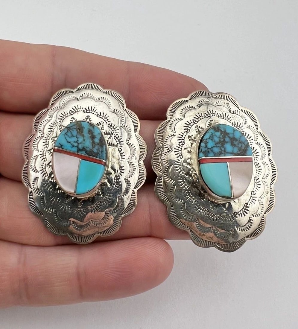 BIG VTG NAVAJO STERLING SILVER MULTI GEMSTONE STAMPED CONCHO POST EARRINGS 1.75": BIG VTG NAVAJO STERLING SILVER MULTI GEMSTONE STAMPED CONCHO POST EARRINGS 1.75" BIG Vtg Navajo Sterling Silver Multi Gemstone Stamped Concho Post Earrings 1.75" Size: 1 3/4" Tall & Over 1 1/4" Wide W