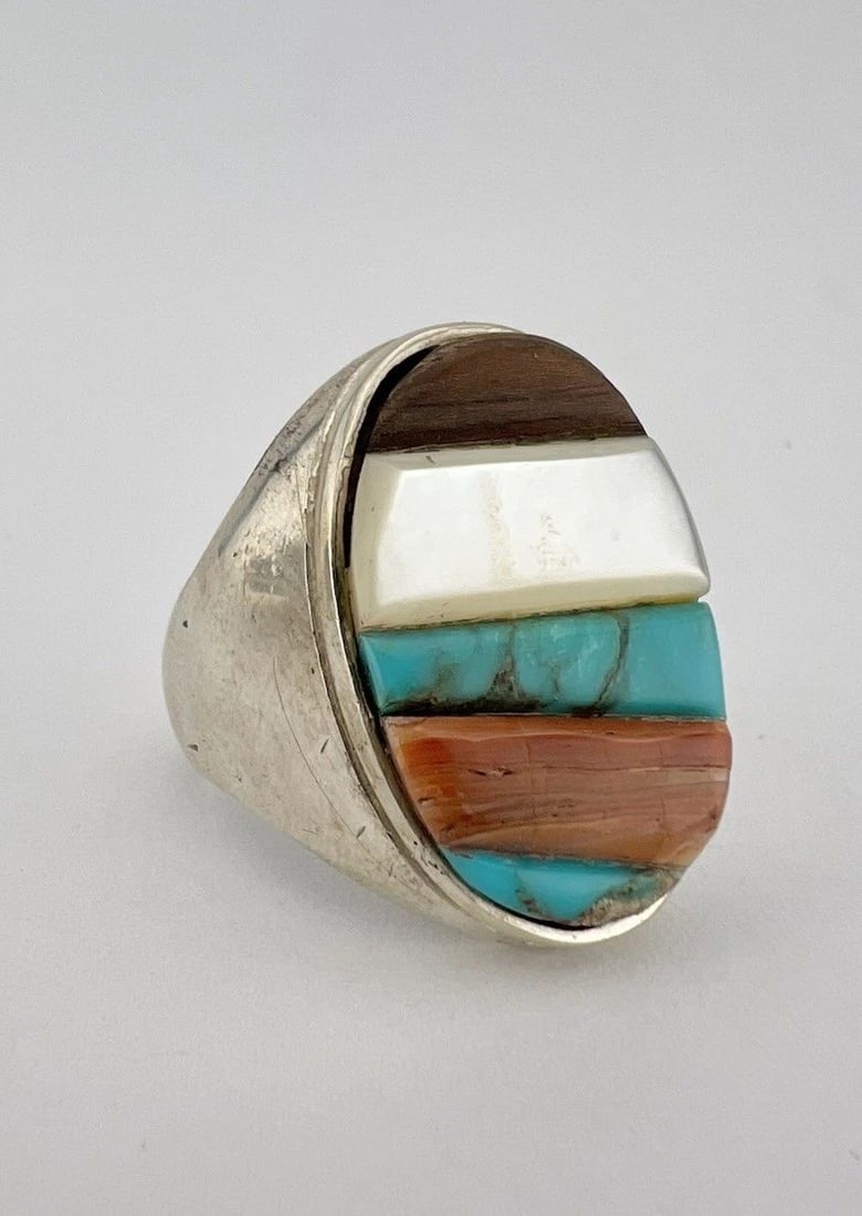 VINTAGE NAVAJO STERLING SILVER MULTI GEM CORNROW COBBLESTONE MEN'S RING 23.8G: VINTAGE NAVAJO STERLING SILVER MULTI GEM CORNROW COBBLESTONE MEN'S RING 23.8G Vintage Navajo Sterling Silver Multi Gem Cornrow Cobblestone Men's Ring 23.8g Ring Size: 11 - Can Be Re Sized Weight is 23