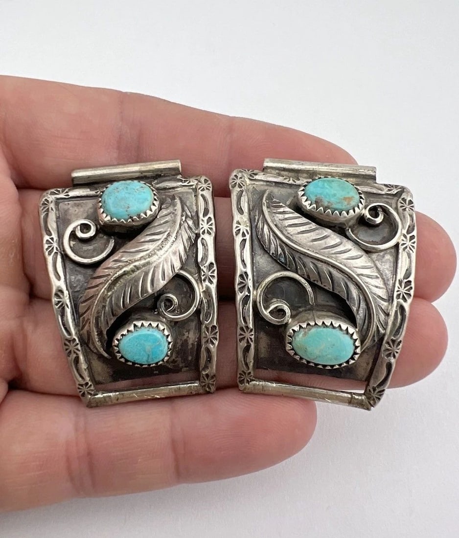 HUGE VTG NAVAJO STERLING SILVER KINGMAN TURQUOISE MEN'S WATCH TIPS -21.9G (1 of 2)