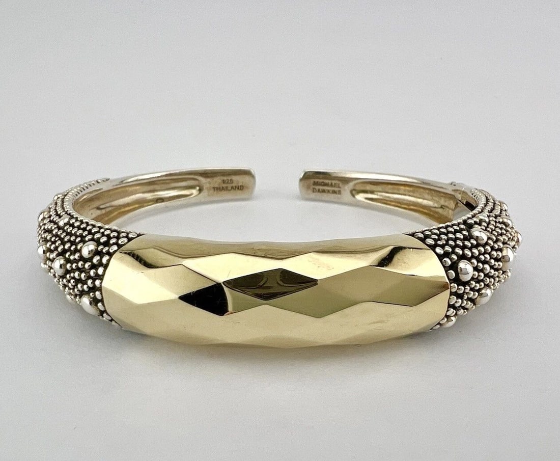 MICHAEL DAWKINS STERLING SILVER & FACETED GOLD DOT PEBBLE HINGED CUFF BRACELET (1 of 2)