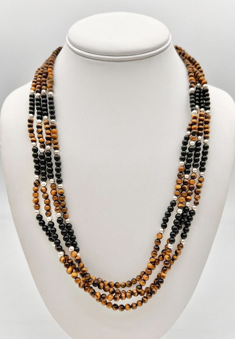 VTG NAVAJO TIGERS EYE & ONYX BALL BEAD STERLING SILVER 4 STRAND NECKLACE 23.5" (1 of 2)