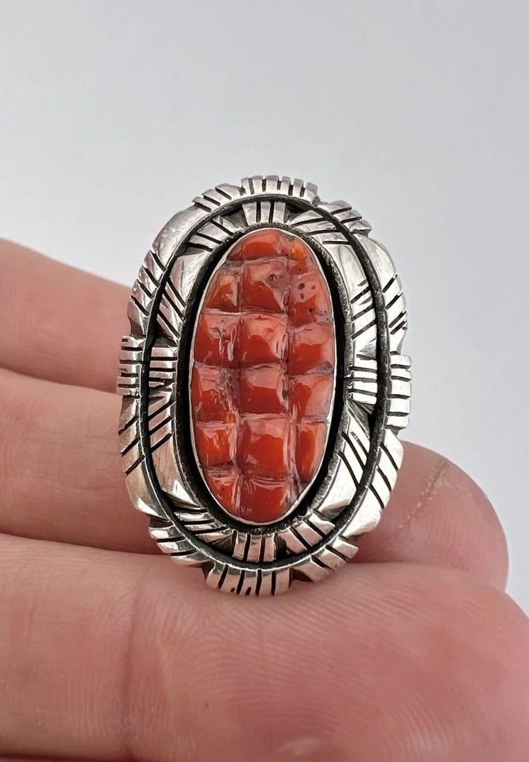 VTG NAVAJO STERLING SILVER NATURAL COBBLESTONE RED CORAL STAMPED RING: VTG NAVAJO STERLING SILVER NATURAL COBBLESTONE RED CORAL STAMPED RING Vtg Navajo Sterling Silver Natural Cobblestone Red Coral Stamped Ring Ring Size: 7.5 - Can Be Re Sized Weight is 14.2 Grams on my 