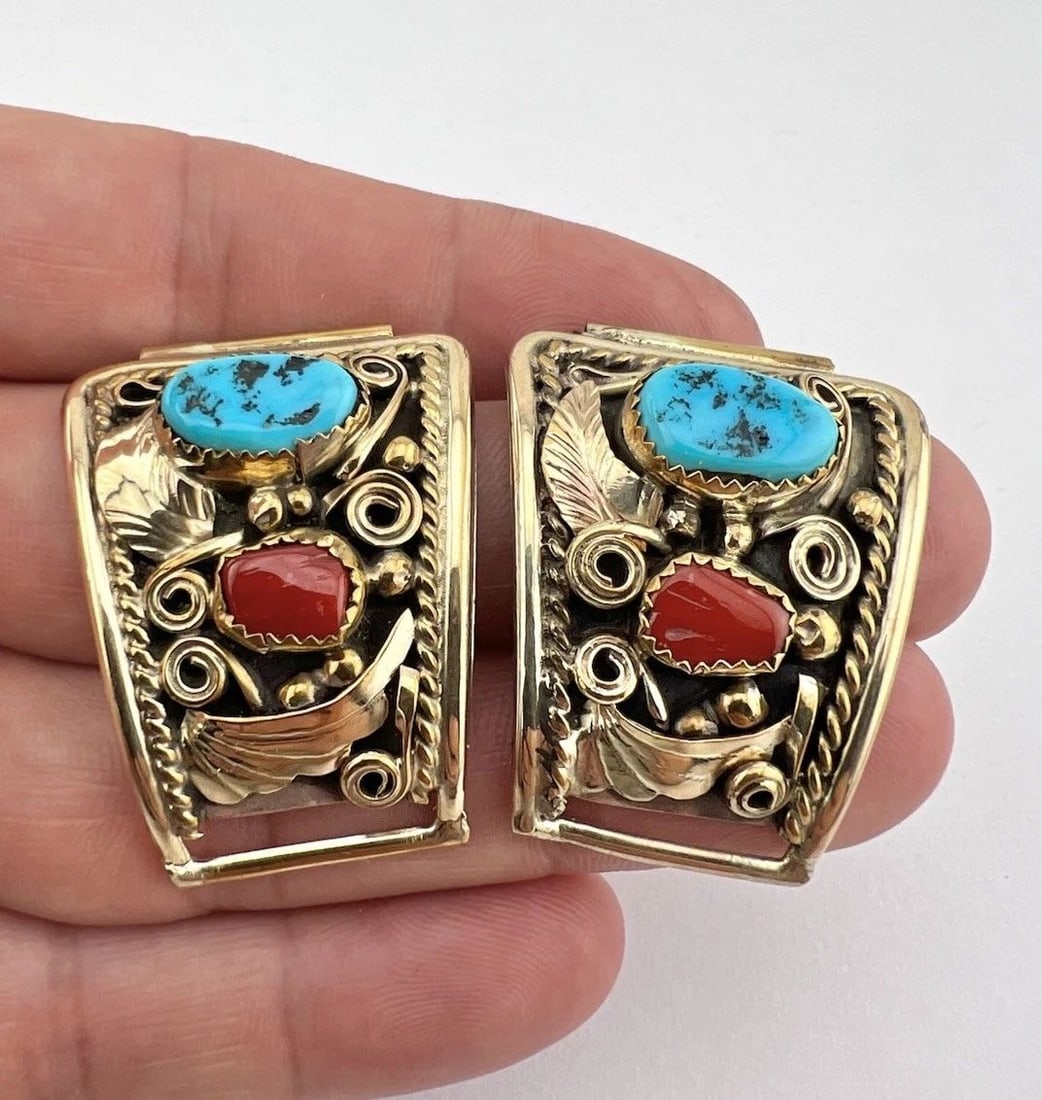 JUSTIN MORRIS NAVAJO STERLING & GOLD FILLED TURQUOISE & CORAL MEN'S WATCH TIPS: JUSTIN MORRIS NAVAJO STERLING & GOLD FILLED TURQUOISE & CORAL MEN'S WATCH TIPS Vtg Justin Morris Navajo Sterling Silver & Gold-Filled Turquoise & Coral Men's Watch Tips Weight 22.0 Grams on my scale S