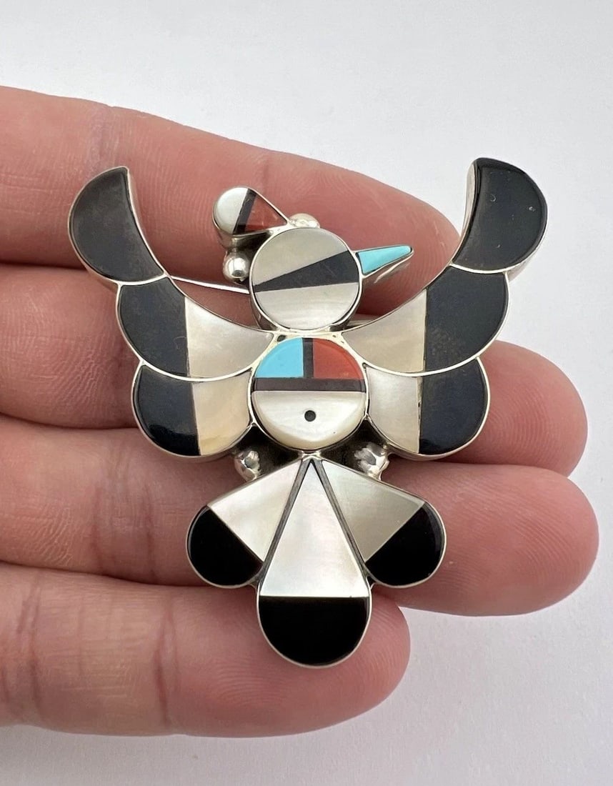 HUGE VTG FYC ZUNI STERLING SILVER FLUSH MULTI GEMS THUNDERBIRD PIN PENDANT 2": HUGE VTG FYC ZUNI STERLING SILVER FLUSH MULTI GEMS THUNDERBIRD PIN PENDANT 2" HUGE Vtg FYC ZUNI Sterling Silver Flush Multi Gems THUNDERBIRD Pin Pendant 2" Size: 2" Tall By 2 1/8" Wide Metal: Sterling