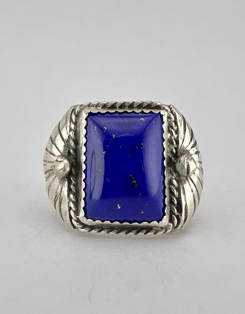 VTG NAVAJO STERLING SILVER HIGH GRADE BLUE LAPIS LAZULI STAMPED MEN'S RING 19.3G (1 of 2)