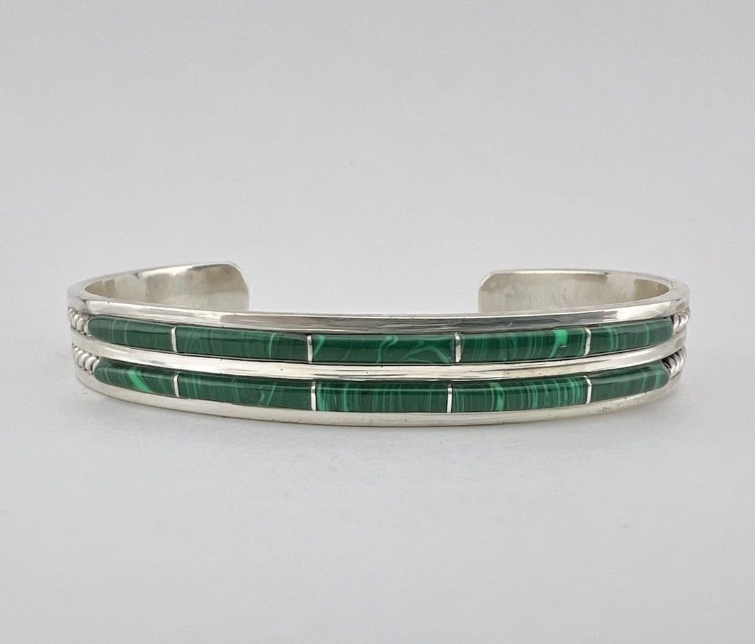 VINTAGE RD NAVAJO STERLING SILVER GREEN MALACHITE 2 ROW TWIST CUFF BRACELET (1 of 2)