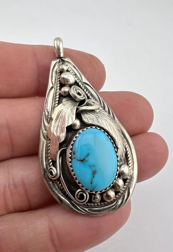 JUSTIN MORRIS NAVAJO STERLING SILVER TURQUOISE STAMPED TEARDROP PENDANT 2.25": JUSTIN MORRIS NAVAJO STERLING SILVER TURQUOISE STAMPED TEARDROP PENDANT 2.25" Vtg Justin Morris Navajo Sterling Silver Turquoise Stamped Teardrop Pendant 2.25" Size: 2 1/4" Tall With Bail & Just Under