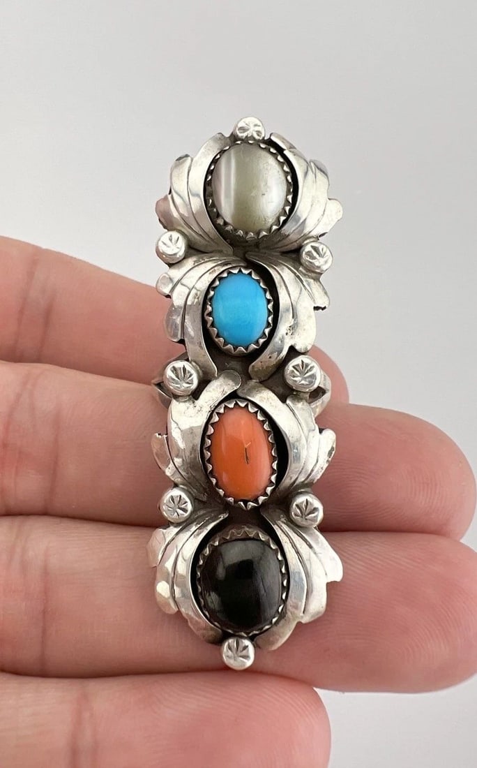 VINTAGE 2.25" NAVAJO STERLING SILVER MULTI GEMSTONE STAMPED LONG RING: VINTAGE 2.25" NAVAJO STERLING SILVER MULTI GEMSTONE STAMPED LONG RING Vintage 2.25" Navajo Sterling Silver Multi Gemstone Stamped Long Ring Ring Size: 8 - Can Be Resized Weight is 9.7 Grams on my scal