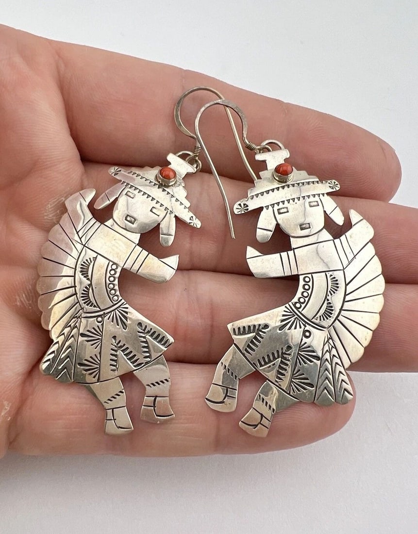 VTG NAVAJO STERLING SILVER RED CORAL STAMPED KACHINA DANGLE POST EARRINGS 2 5/8": VTG NAVAJO STERLING SILVER RED CORAL STAMPED KACHINA DANGLE POST EARRINGS 2 5/8" Vtg Navajo Sterling Silver Red Coral Stamped Kachina Dangle Post Earrings 2 5/8" Size: 2 5/8" Tall With Dangle & 1 1/4"