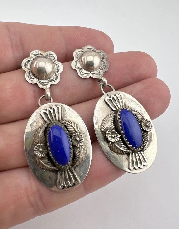 VTG NAVAJO STERLING SILVER BLUE LAPIS LAZULI STAMPED POST DANGLE EARRINGS 2": VTG NAVAJO STERLING SILVER BLUE LAPIS LAZULI STAMPED POST DANGLE EARRINGS 2" Vtg Navajo Sterling Silver Blue Lapis Lazuli Stamped Post Dangle Earrings 2" Size: 2" Tall With Dangle and Over 3/4" Wide W