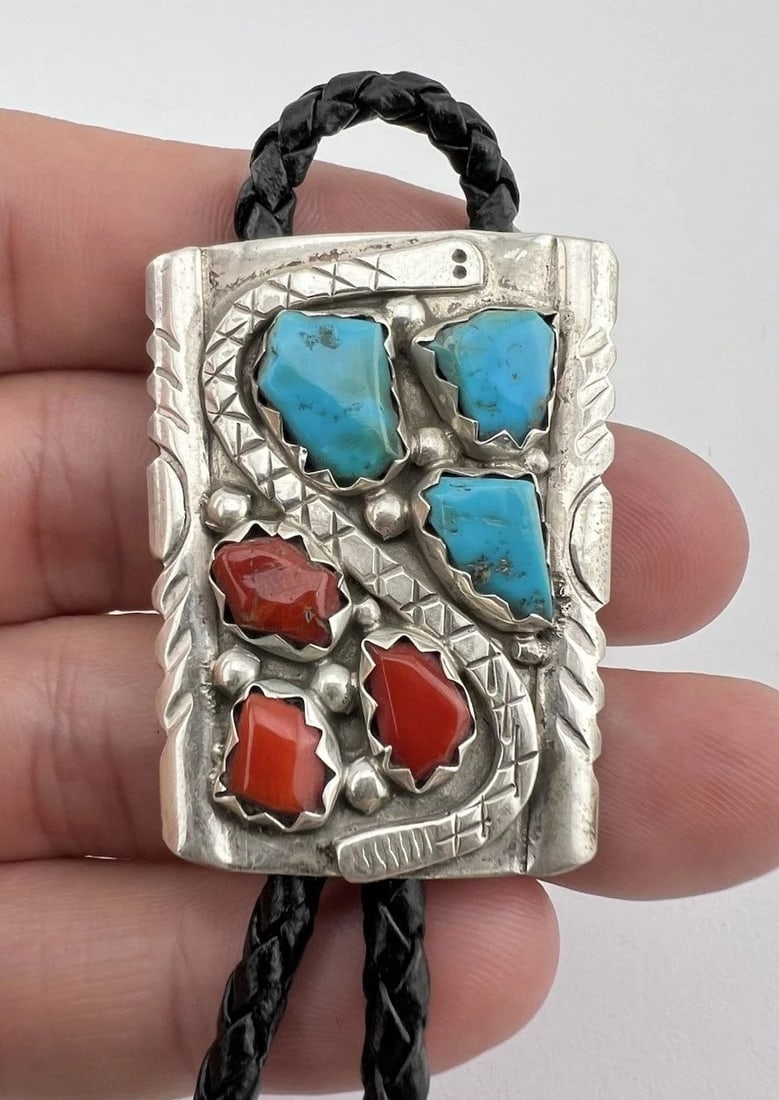 VINTAGE WAYNE CHEAMA ZUNI STERLING TURQUOISE & CORAL SNAKE BOLO TIE 1 5/8": VINTAGE WAYNE CHEAMA ZUNI STERLING TURQUOISE & CORAL SNAKE BOLO TIE 1 5/8" Vintage Wayne Cheama Zuni Sterling Turquoise & Coral Snake Bolo Tie 1 5/8" Size: 1 5/8" Tall by 1 1/4" Wide At The Top Weight
