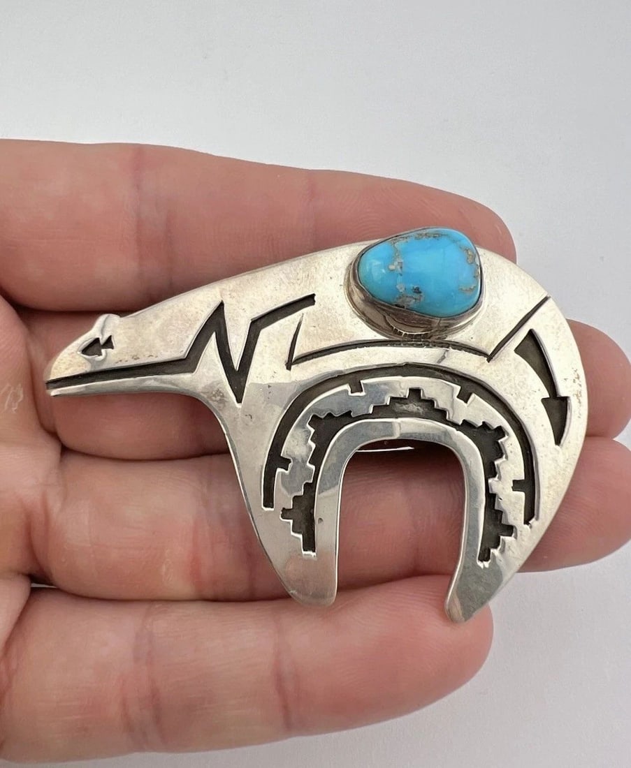 VTG NAVAJO STERLING SILVER CANDELARIA TURQUOISE OVERLAY BEAR BROOCH PIN 2.5"-20G (1 of 2)