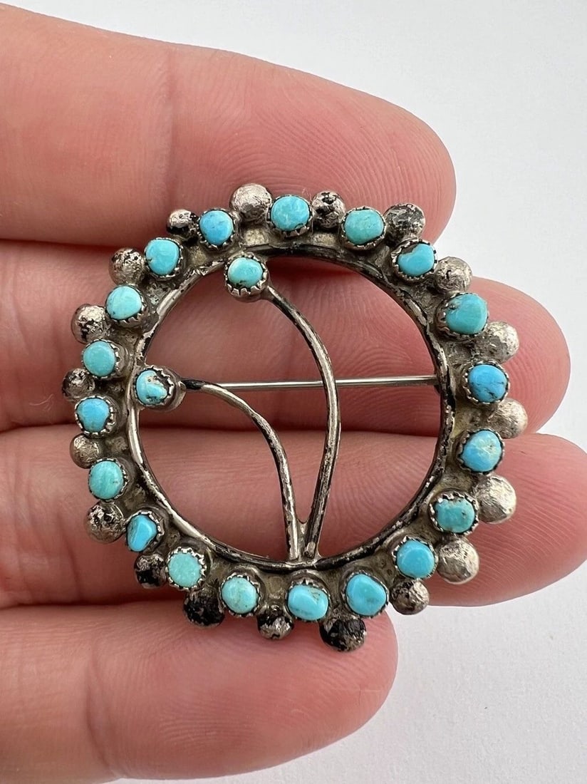 VTG ZUNI STERLING SILVER PETIT POINT TURQUOISE CLUSTER FLOWER CIRCLE PIN BROOCH (1 of 2)