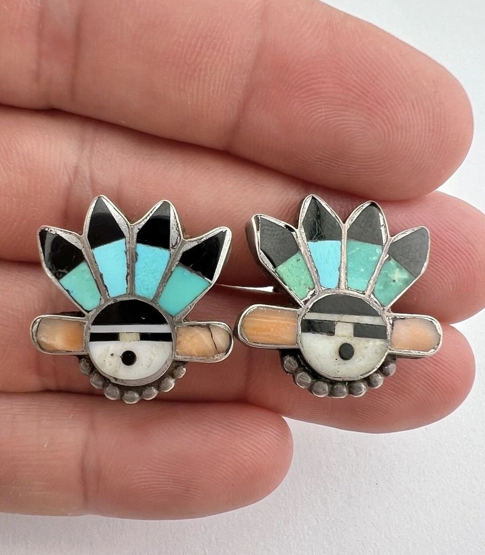 EARLY ZUNI STERLING SILVER TURQUOISE & CORAL SUNFACE KACHINA EARRINGS: EARLY ZUNI STERLING SILVER TURQUOISE & CORAL SUNFACE KACHINA EARRINGS Early Zuni Sterling Silver Turquoise & Coral Sunface Kachina Earrings Size: 7/8" Tall & 7/8" Wide Weight is 6.9 Grams on my scale 