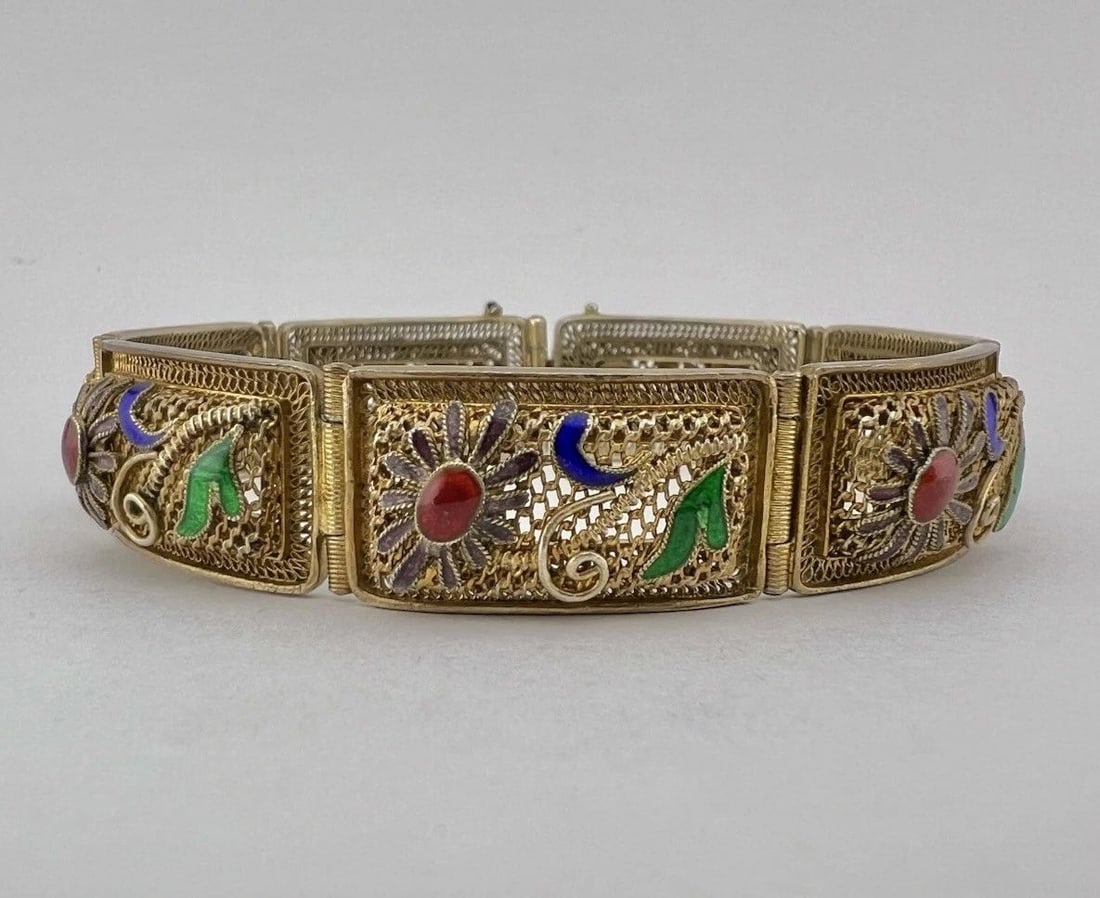 ANTIQUE CHINESE EXPORT GILT SILVER ENAMEL FLORAL PANEL FILIGREE LINK BRACELET (1 of 2)