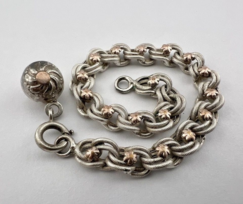 ANTIQUE STERLING SILVER & GOLD TWIST FLORAL BALL CHARM BRACELET (1 of 1)