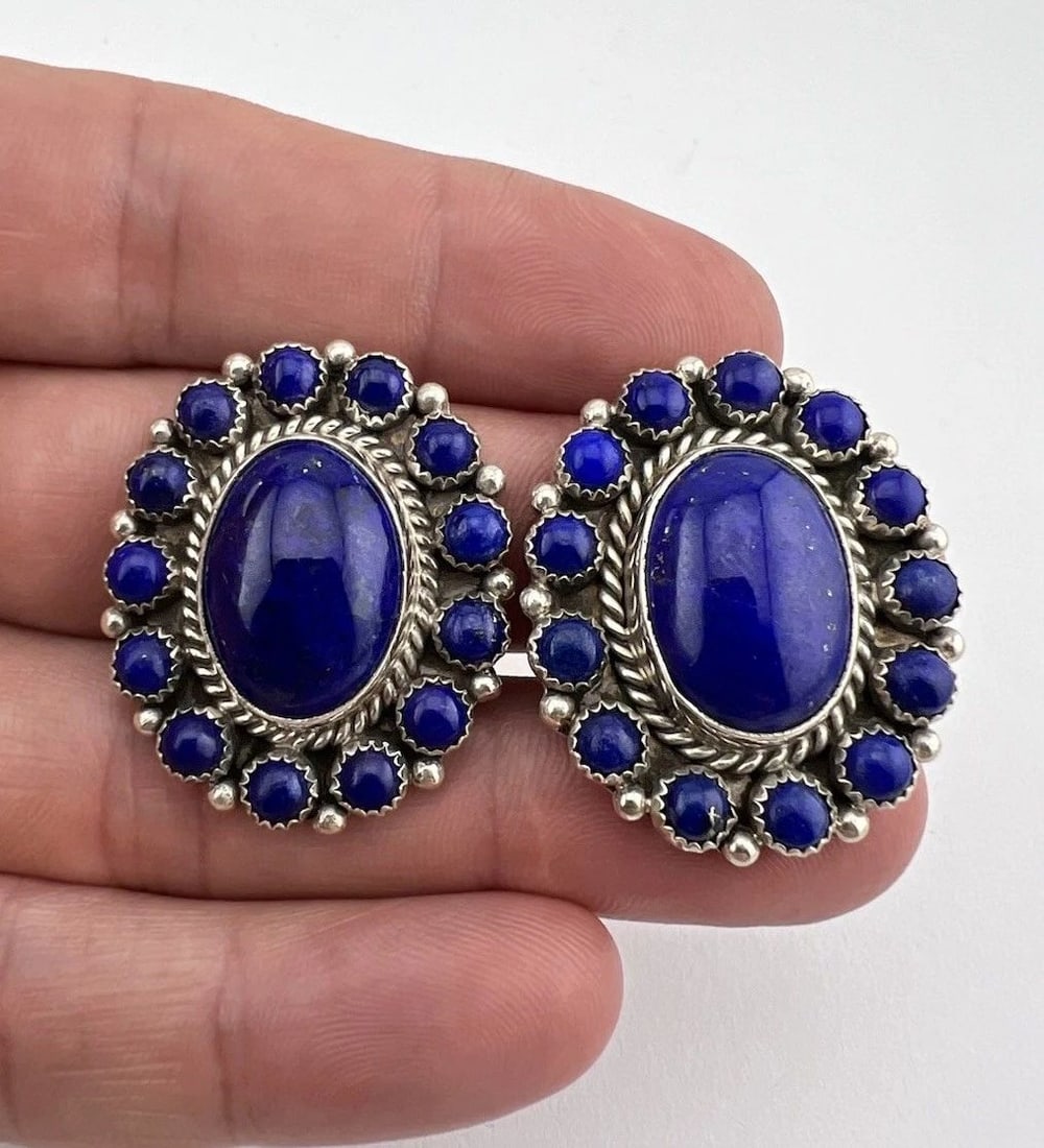VTG NAVAJO STERLING SILVER BLUE LAPIS LAZULI TWIST OVAL CLUSTER CLIP EARRINGS: VTG NAVAJO STERLING SILVER BLUE LAPIS LAZULI TWIST OVAL CLUSTER CLIP EARRINGS Vtg Navajo Sterling Silver Blue Lapis Lazuli Twist Oval Cluster Clip Earrings Size: 1 1/4" Tall and 1 1/8" Wide Weight is 