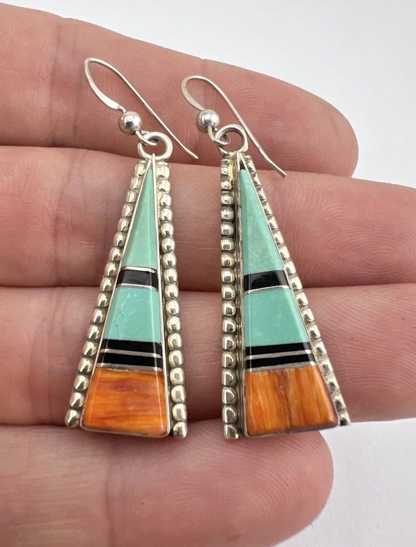 VTG NAVAJO STERLING SILVER SPINY OYSTER TURQUOISE JET TRIANGLE POST EARRINGS 2" (1 of 2)
