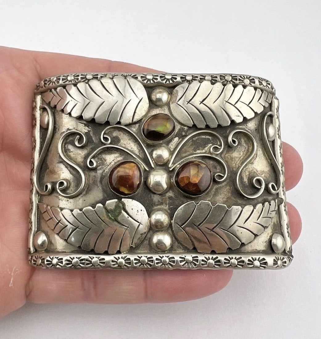 HUGE VTG NAVAJO NICKEL SILVER FIRE AGATE STAMPED FEATHER BELT BUCKLE 3" (1 of 2)