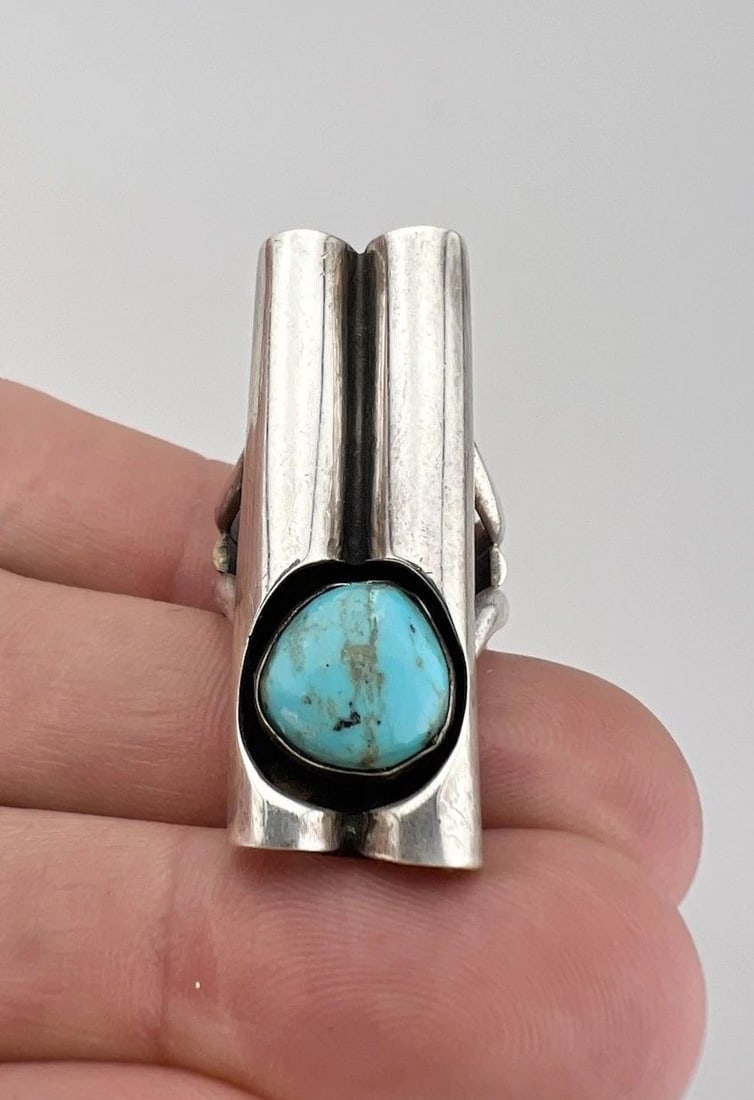 VINTAGE NAVAJO STERLING SILVER TURQUOISE LARGE SHADOWBOX LONG TUBE RING 1.5" (1 of 2)