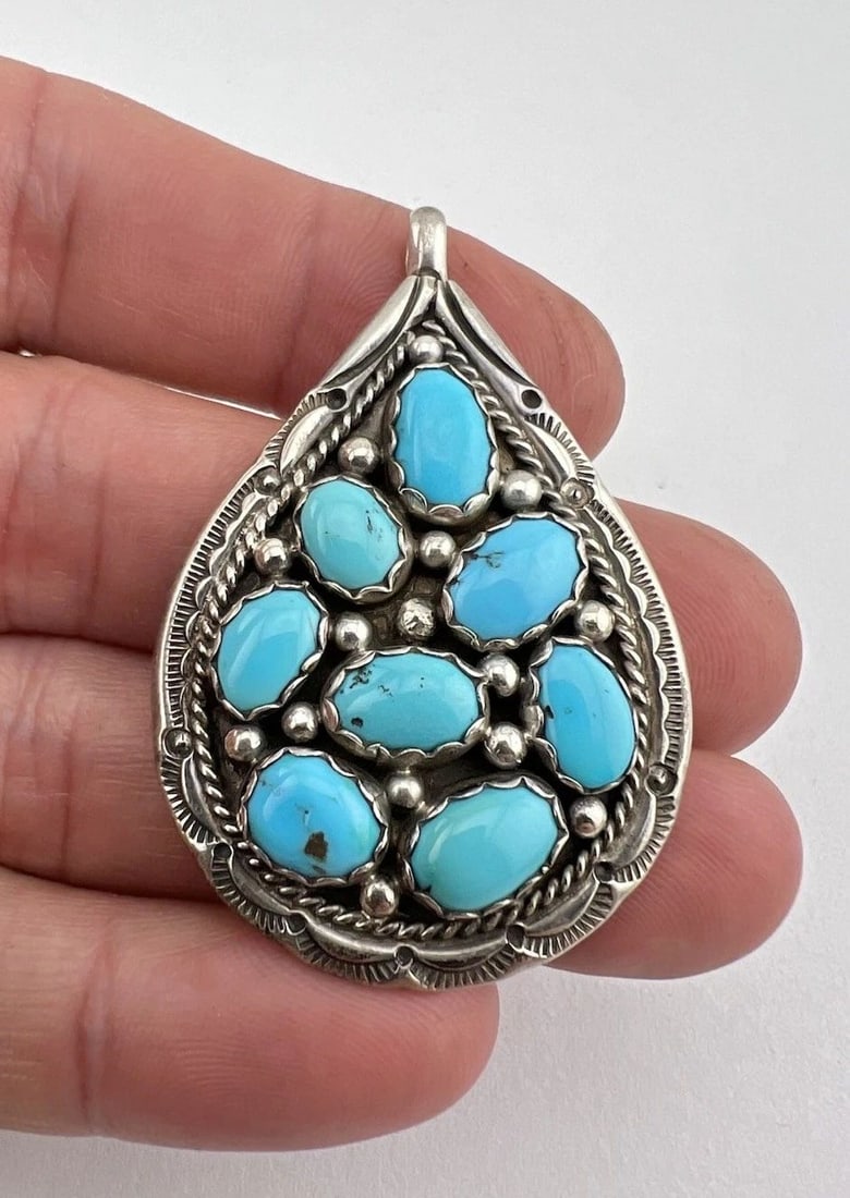 VTG NAVAJO STERLING SILVER SLEEPING BEAUTY TURQUOISE CLUSTER TEARDROP PENDANT 2": VTG NAVAJO STERLING SILVER SLEEPING BEAUTY TURQUOISE CLUSTER TEARDROP PENDANT 2" Vtg Navajo Sterling Silver Sleeping Beauty Turquoise Cluster Teardrop Pendant 2" Size: 2" Tall With Bail & Over 1 1/4" 