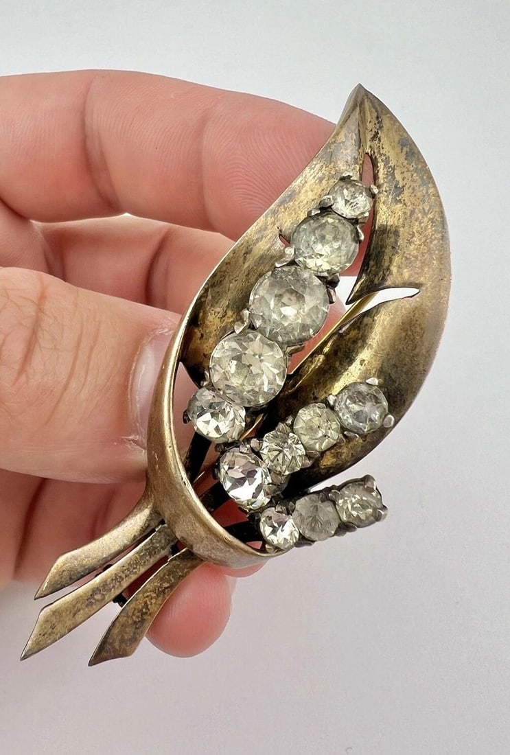 VINTAGE MAZER GILT STERLING SILVER FLORAL RHINESTONE PIN BROOCH 3" -22.5G (1 of 2)