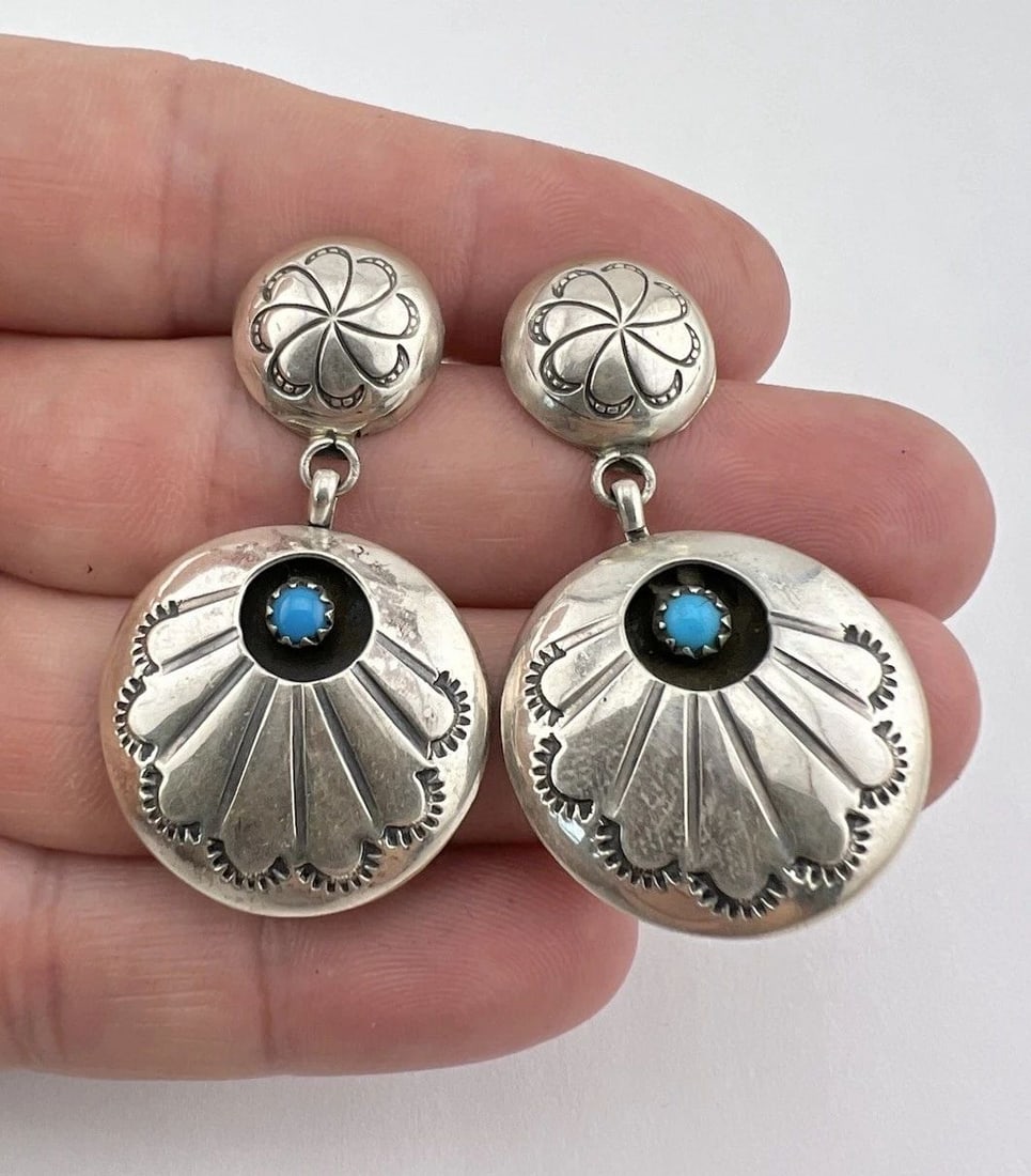VINTAGE NAVAJO STERLING SILVER TURQUOISE SHADOWBOX DANGLE POST EARRINGS 1 7/8" (1 of 2)