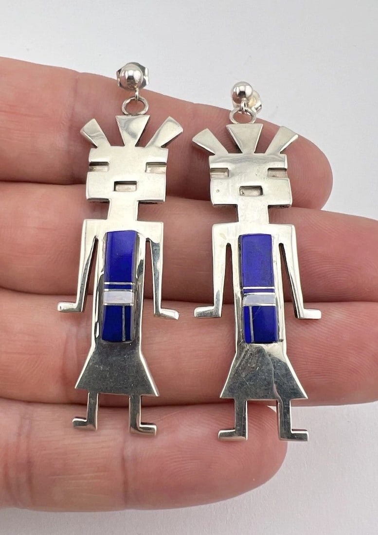 VTG J. NELSON NAVAJO STERLING SILVER LAPIS & OPAL KACHINA POST EARRINGS 2 3/8": VTG J. NELSON NAVAJO STERLING SILVER LAPIS & OPAL KACHINA POST EARRINGS 2 3/8" Vtg J. Nelson Navajo Sterling Silver Natural Blue Lapis Lazuli & Opal Kachina Post Earrings 2 3/8" Size: 2 3/8" Tall With