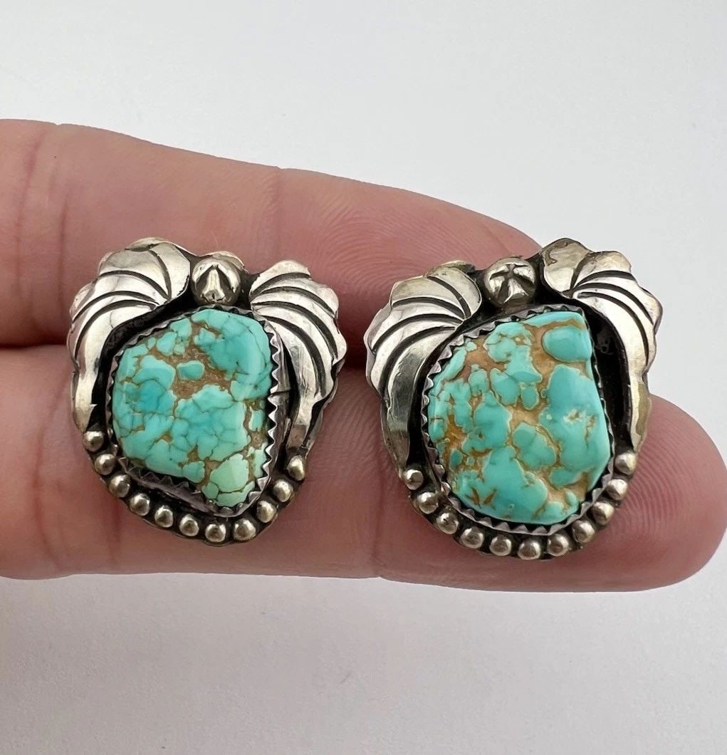 VTG NAVAJO STERLING SILVER SEAFOAM ROYSTON TURQUOISE STAMPED POST EARRINGS (1 of 2)